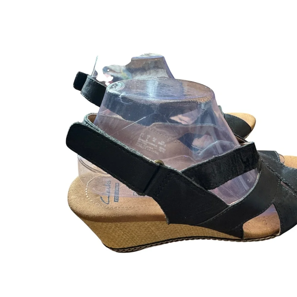 Clarks Wedge Sandals Women 9 Black Excellent Strappy Slingback Cushion Soft